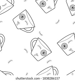 Seamless vector pattern with cups with closed eye and tongue, drawn in minimalist, doodle style. The design is suitable for postcards, paintings, decor, wrapping paper, T-shirt printing