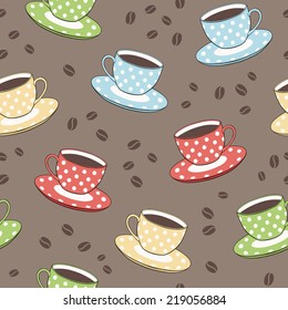 seamless vector pattern with cups and coffee beans