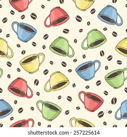 seamless vector pattern with cups and coffee beans
