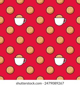 Seamless vector pattern with cups and cookies on a red background.