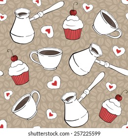 seamless vector pattern with cups, cookies, cupcakes and cezve