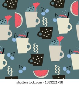 Seamless vector pattern. Cups with drinks and desserts on a gray-blue background.