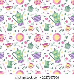 Seamless vector pattern with cups and teapots on a white background