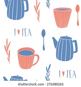 Seamless vector pattern with cups and teapots. I love tea cute background 