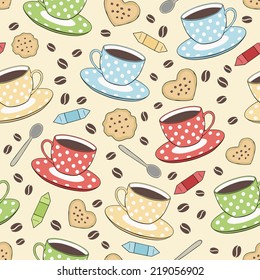 seamless vector pattern with cups,cookies,candies and coffee beans