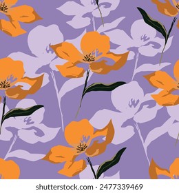 Seamless vector pattern with curly elegant bouquet. Graphic drawing of flowers anemones, physalis, leaves