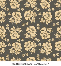 Seamless vector pattern with curly elegant bouquet. Graphic drawing of flowers anemones, physalis, leaves