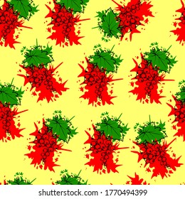 patrón vectorial transparente con curvas con hojas y manchas de pintura verde rojo sobre un fondo amarillo