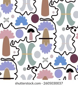 Seamless vector pattern of curved elements and shapes, reminiscent of flowers in pink, lilac tones.