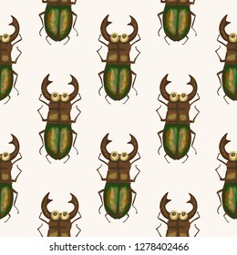 Seamless vector pattern with cute 3d insect. Illustration with garden 
stag beetles on a white background.