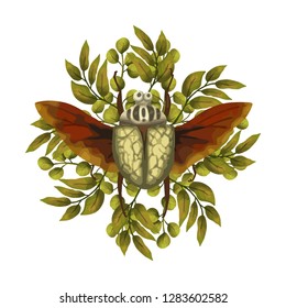 Seamless vector pattern with cute 3d beetle hercules. Insect with wings.
