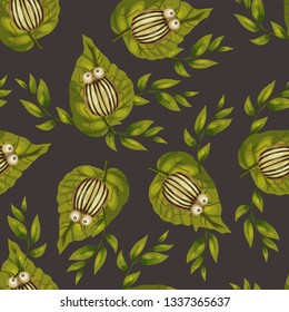 Seamless vector pattern with cute 3d insect. Striped colorado beetle on a dark background