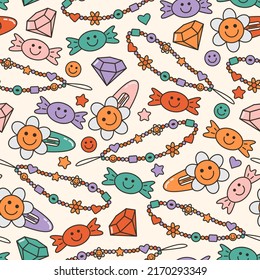 Seamless Vector Pattern With Cute 80s, 90s Nostalgia Girl Stuff. Vintage Background With Bead Choker, Hair Clip, Diamond, Candy, Smiling Face. Trendy Oldschool Graphic Texture