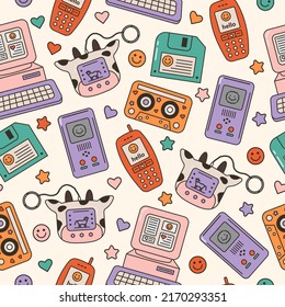 Seamless vector pattern with cute 80s, 90s electronic devices. Background with vintage computer, electronic game, cassette, tamagotchi, floppy disk, mobile phone. Trendy oldschool graphic texture