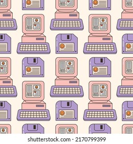 Seamless vector pattern with cute 80s, 90s electronic devices. Background with vintage computer and floppy disk. Funky oldschool graphic texture