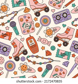 Seamless vector pattern with cute 80s, 90s nostalgia stuff. Vintage audio cassette, roller skate, hair clip, diary, beads, mobile phone background. Trendy oldschool graphic