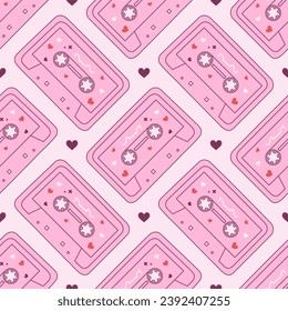 Seamless vector pattern with cute 80s and 90s pink audio cassette in girly style. Cute tape record background. Pop music symbol. Fun texture for wallpaper, wrapping paper, textile design