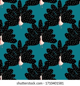 Seamless vector pattern cute abstract capercaillie on red background. Seamless bird pattern for wrapping paper, fabric, wallpaper, baby clothes, textile, kid room decor.