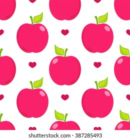 Seamless vector pattern. Cute abstract apples with branch and leaves in flat style. Cartoon design. Wallpaper, background, texture, textile. Simple kawaii minimalistic pattern. Red, green colors