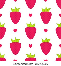 Seamless vector pattern. Cute abstract strawberry with leaves in flat style. Cartoon element for design. Wallpaper, background, texture, textile. Simple kawaii minimalistic pattern. Red, green colors
