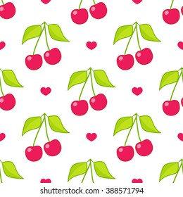 Seamless vector pattern. Cute abstract cherry with branch and leaves in flat style. Cartoon element for design. Wallpaper, background, texture. Simple kawaii minimalistic pattern. Red, green colors