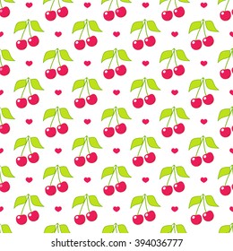 Seamless vector pattern. Cute abstract cherry with branch and leaves in flat style. Cartoon element for design. Wallpaper, background, texture, textile. Simple kawaii minimalistic pattern. Red, green