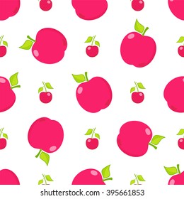 Seamless vector pattern. Cute abstract apples with branch and leaves in flat style. Cartoon element for design. Wallpaper, background, texture, textile. Simple kawaii minimalistic pattern. 