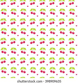 Seamless vector pattern. Cute abstract cherry with branch and leaves in flat style. Cartoon element for design. Wallpaper, background, texture, textile. Simple kawaii minimalistic pattern. Red, green 