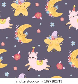 Seamless vector pattern with cute alpaca, stars and moon. Fluffy llama in the sky. Celestial bodies. Cute animal, adorable characters for little toddlers, newborn babies