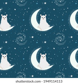 Seamless vector pattern with cute alpaca on the half moon with a star. Illustration for banner, sticker and poster for baby rooms. Childish background.