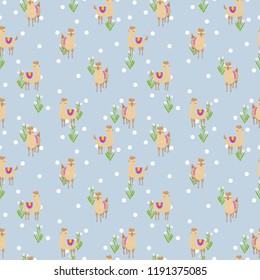 Seamless vector pattern with cute alpacas. Child illustration with a lama from Peru.