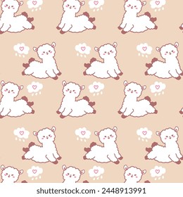 Seamless vector pattern with cute alpacas and hearts. Kawaii cute seamless pattern with alpaca on soft brown background.