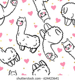 Seamless vector pattern with cute alpacas and hearts and stars. Child illustration with a lama from Peru. In the Japanese anime style.