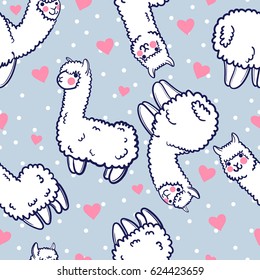 Seamless vector pattern with cute alpacas and hearts. Child illustration with a lama from Peru. In the Japanese anime style.