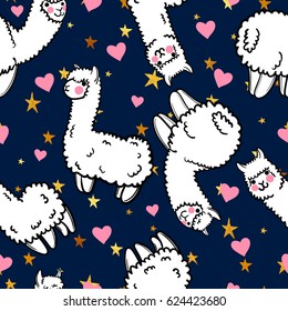 Seamless Vector Pattern With Cute Alpacas And Hearts And Stars. Child Illustration With A Lama From Peru. In The Japanese Anime Style.