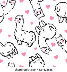 Seamless vector pattern with cute alpacas and hearts. Child illustration with a lama from Peru. In the Japanese anime style.