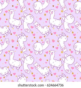 Seamless vector pattern with cute alpacas and hearts and stars. Child illustration with a lama from Peru. In the Japanese anime style.