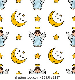 Seamless vector pattern of cute angels, crescent moons, and stars, perfect for Christmas or baby-themed designs.