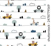 Seamless vector pattern with cute animal cars for fabric, textile, wrapping, apparel and wallpaper design. Cartoon vector