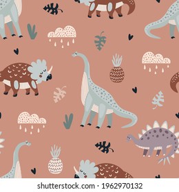Seamless vector pattern with cute animal dinosaurs on a beige background in. Creative animalic texture. Great for baby fabrics, textiles and designs