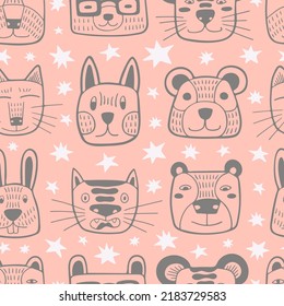 Seamless vector pattern with cute animal faces and white stars. Doodle style print. Pink background. Kids print, fabric print, wallpapers, kids textile, covers design concept.