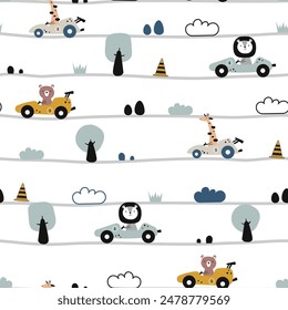 Seamless vector pattern with cute animal cars for fabric, textile, wrapping, apparel and wallpaper design. Cartoon vector