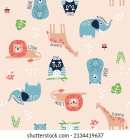 seamless vector pattern cute animals, elephant, lion, giraffe, owl, bear