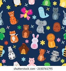 Seamless vector pattern with cute animals on a blue background. Children's pattern.