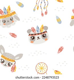 Seamless vector pattern. Cute animals in Indian armbands with feathers. Panda, deer, sheep. Dreamcatcher and beautiful feathers. Crown of feathers on animals 