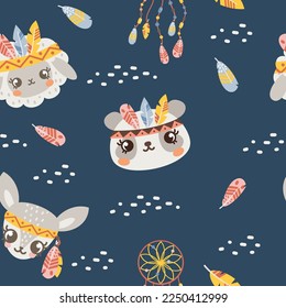 Seamless vector pattern. Cute animals in Indian armbands with feathers. Panda, deer, sheep. Dreamcatcher and beautiful feathers. Crown of feathers on animals 