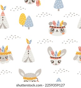 Seamless vector pattern. Cute animals in Indian armbands with feathers. Panda, deer, sheep, bunny. Crown of feathers on animals 