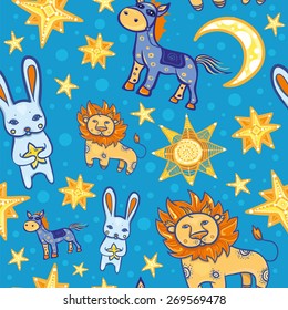 Seamless vector pattern with cute animals: hare, lion, horse, stars and moon at night. Starry background for children. eps 10