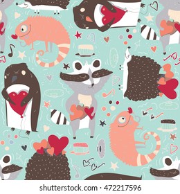 Seamless vector pattern with cute animals such as raccoon, iguana and hedgehog and penguin with hearts, decorated with doodle stars, hearts and hand drawn decor. Cute illustration on light blue