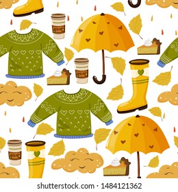Seamless vector pattern with cute autumn elements in cartoon style (leaves, pumpkin pie, sweater, umbrella, cloud, coffee to go) on white background. Vector illustration 